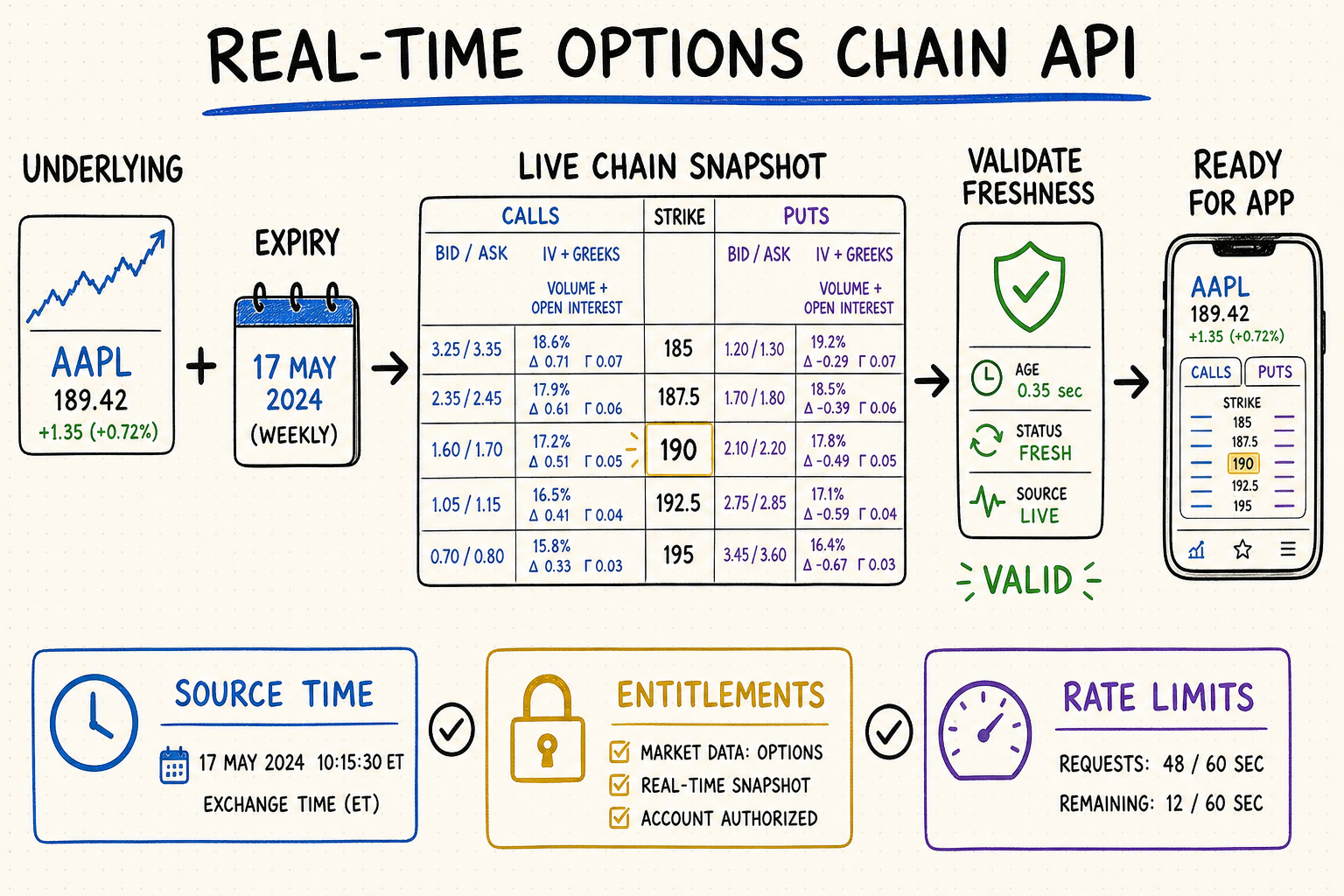 Hand-drawn decision map for checking real-time options API freshness, data fields, limits, and licensing