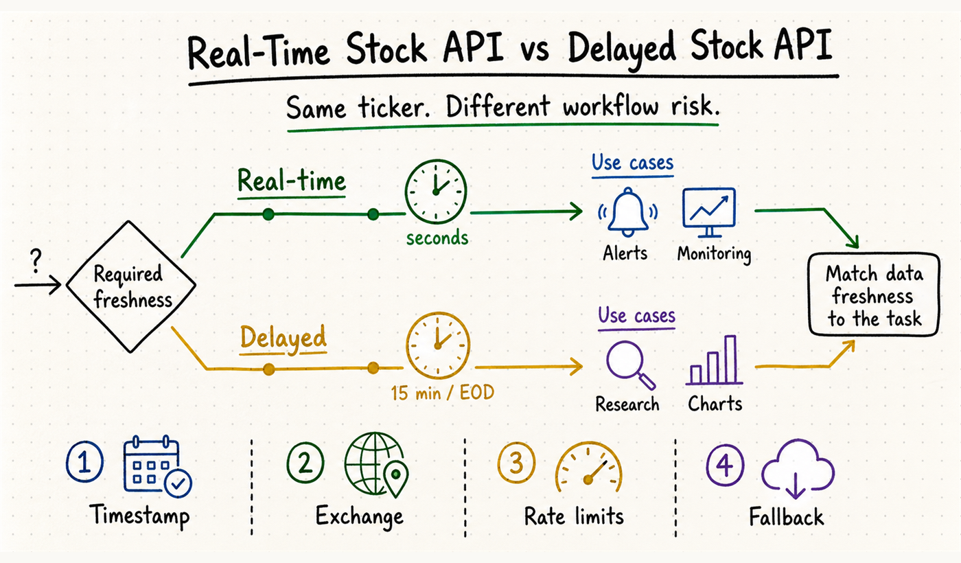 Real-time stock API vs delayed stock API workflow comparison