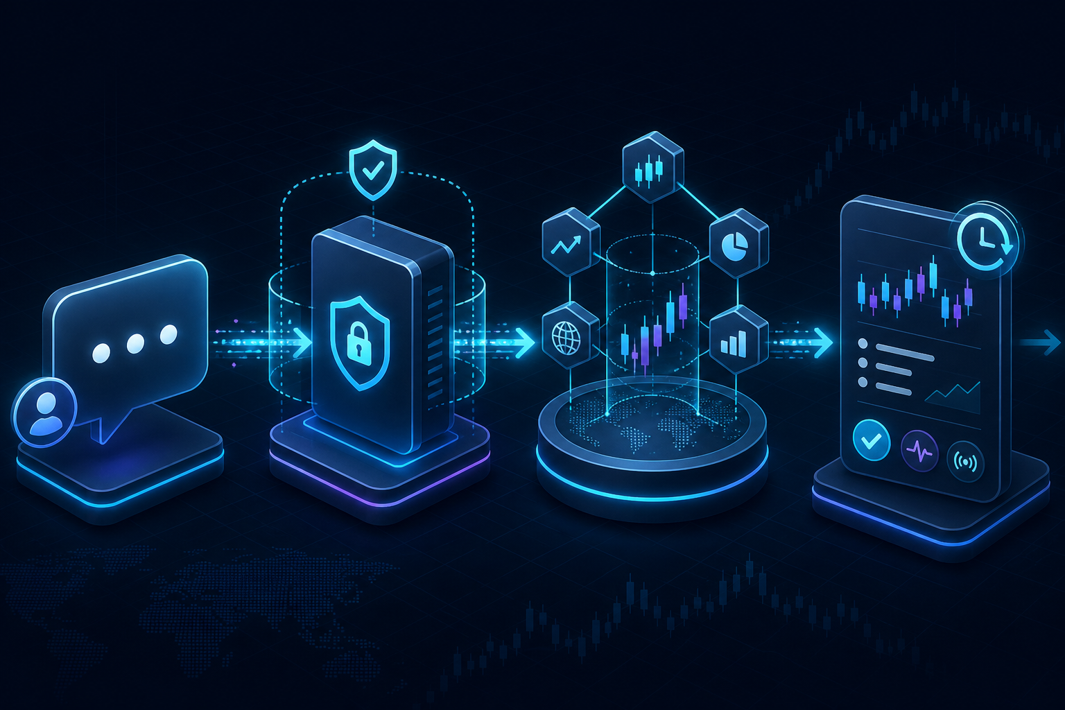 Architecture showing a ChatGPT request routed securely to live market data and returned as a timestamped quote
