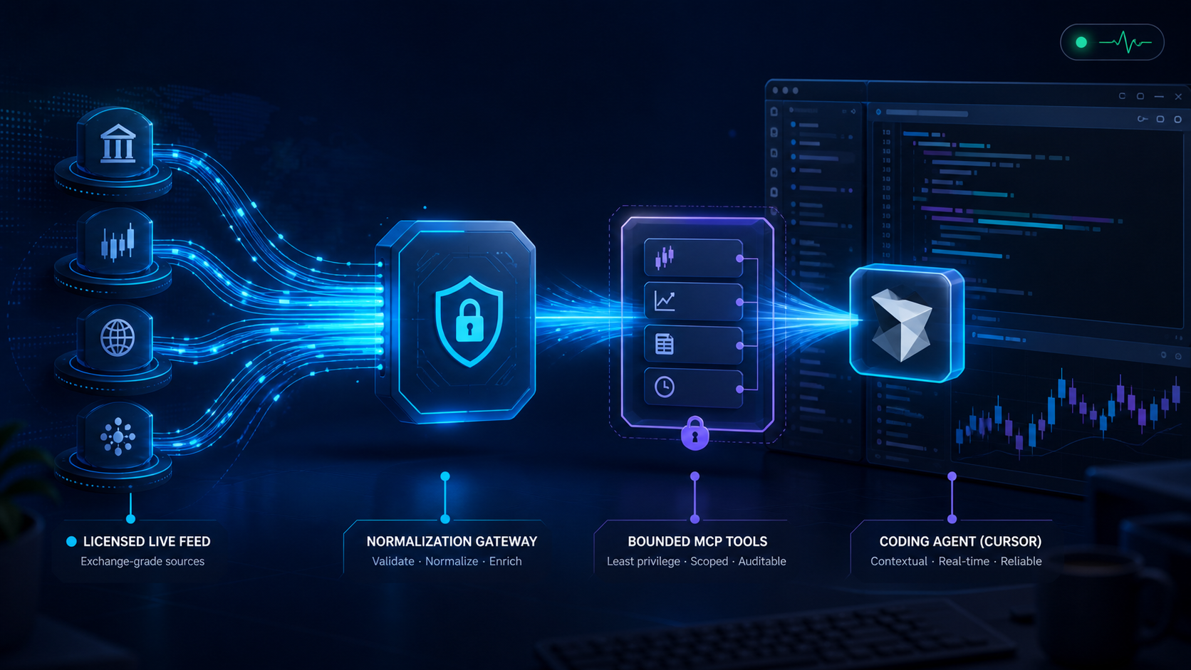 Licensed market feeds passing through a secure gateway and bounded MCP tools into an AI coding workspace