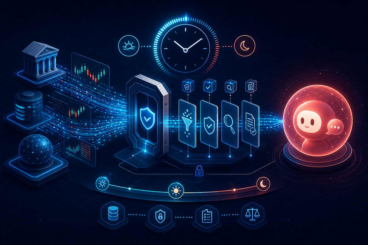 Market data passing through freshness and permission checks before reaching a Doubao assistant