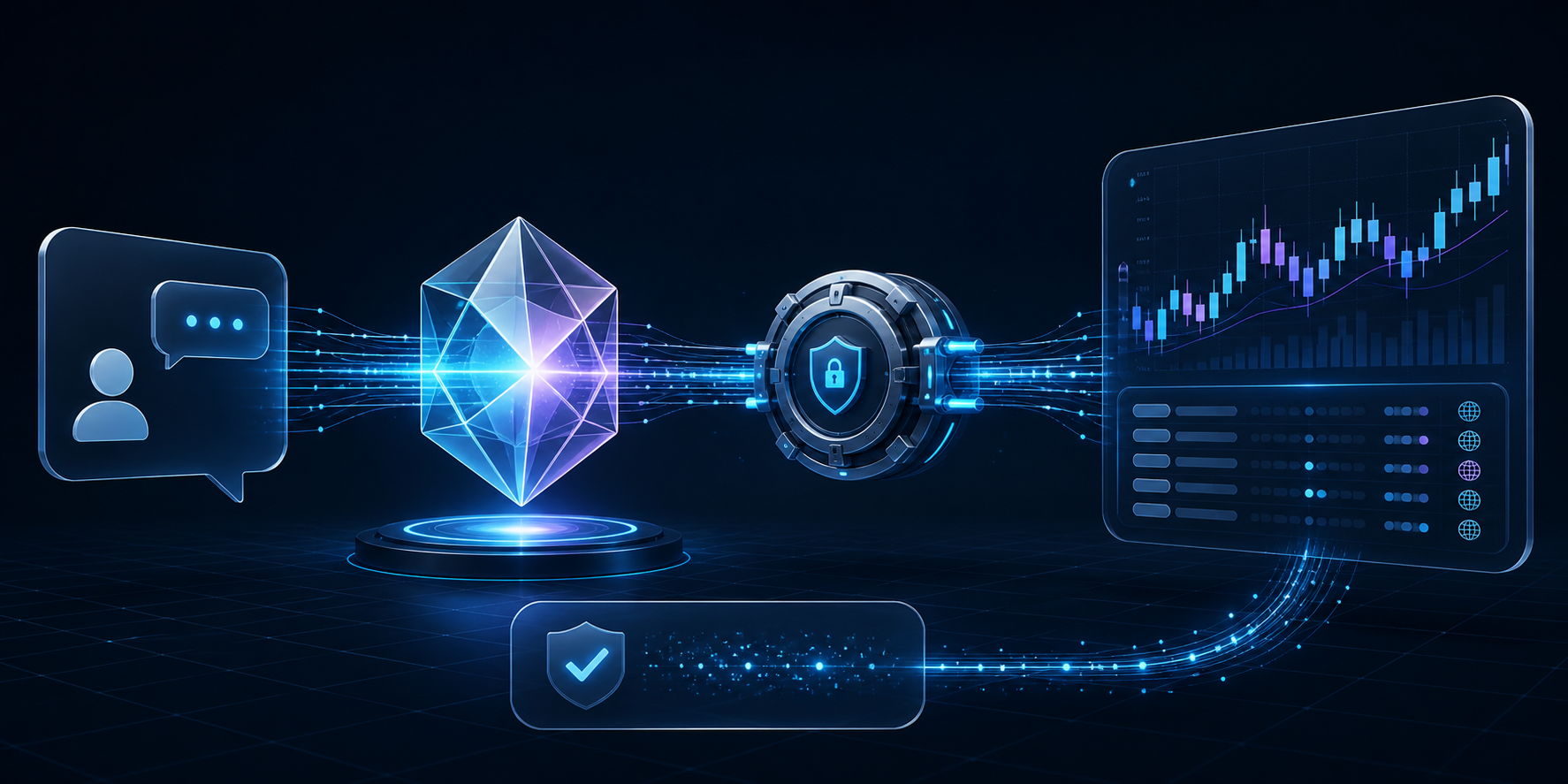 Architecture showing a Gemini request routed securely to live market data and returned as a timestamped quote
