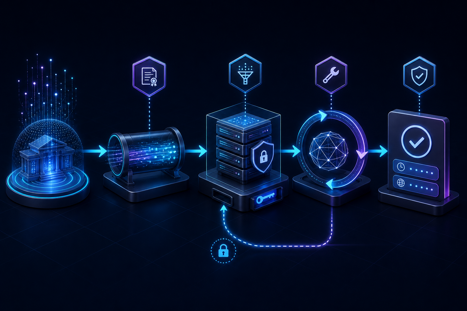 Architecture showing licensed market data passing through a secure server-side adapter into a Grok tool-call loop and a verified answer