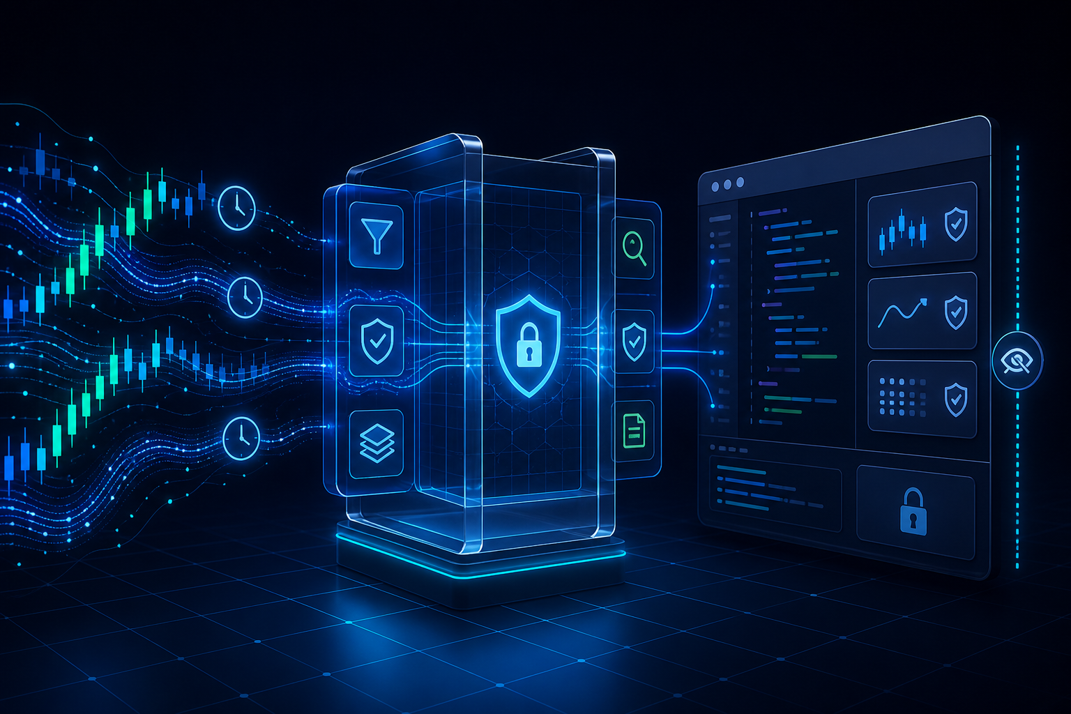 Real-time market streams passing through a secure read-only gateway into an AI coding workspace