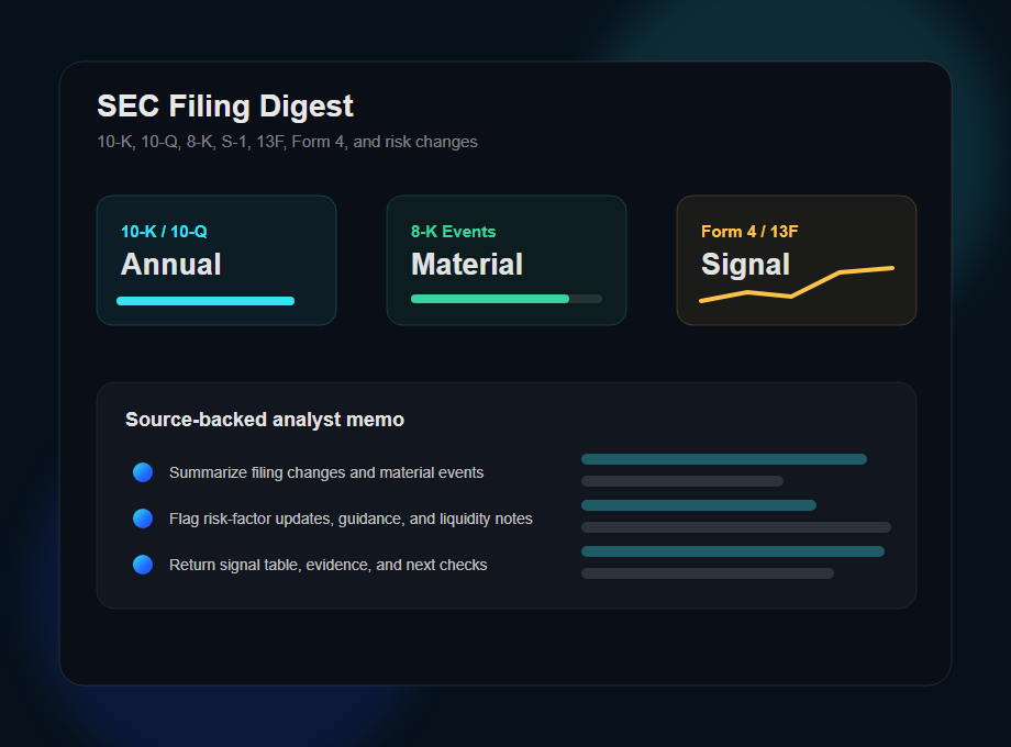 SEC filing digest dashboard showing 10-K, 10-Q, 8-K, S-1, 13F, Form 4, risk-factor changes, and analyst memo output