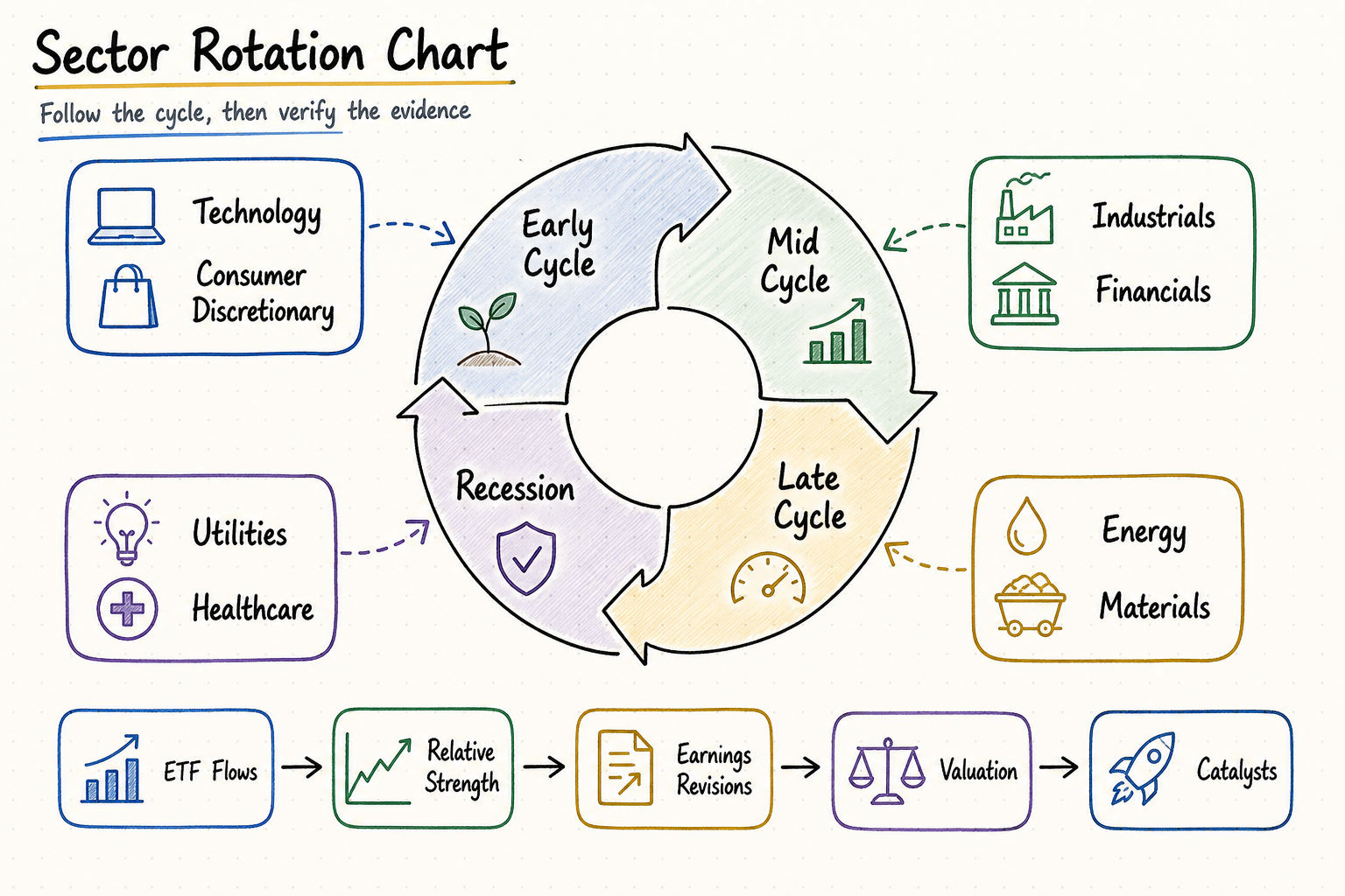 Hand-drawn sector rotation chart showing economic cycles, sector leadership, ETF flows, earnings revisions, valuation, and catalysts
