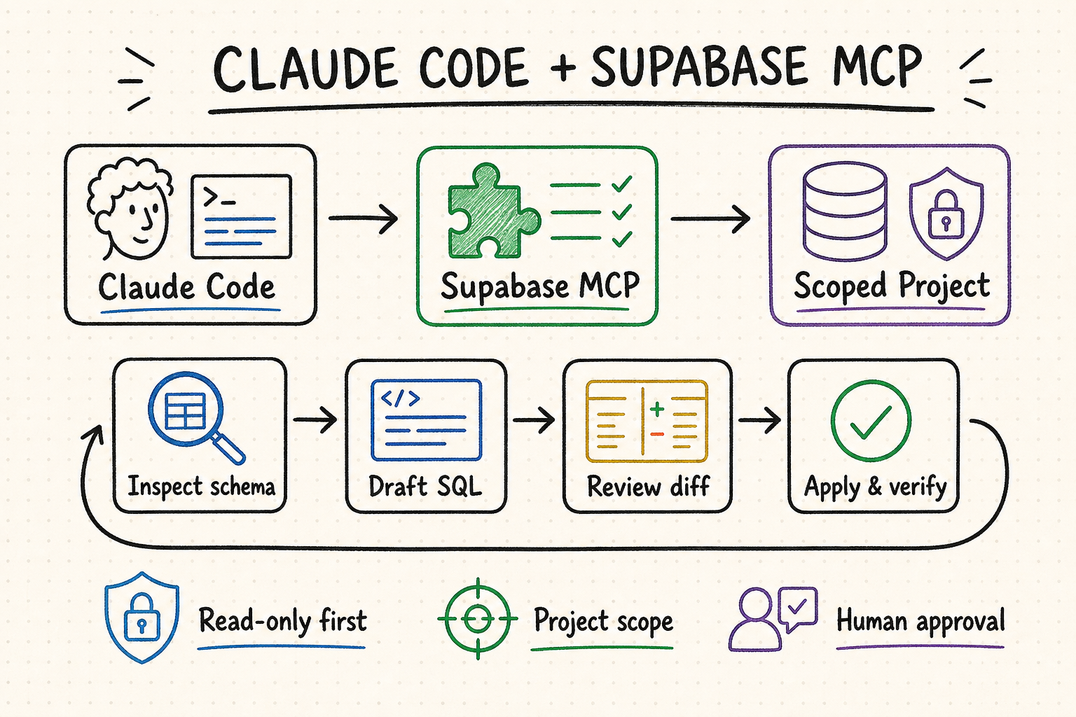 Whiteboard diagram of the Supabase Claude Code MCP inspect, draft, review, and verify workflow