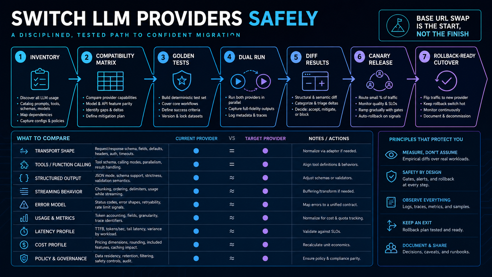 Safe LLM provider migration from inventory through dual run canary and rollback