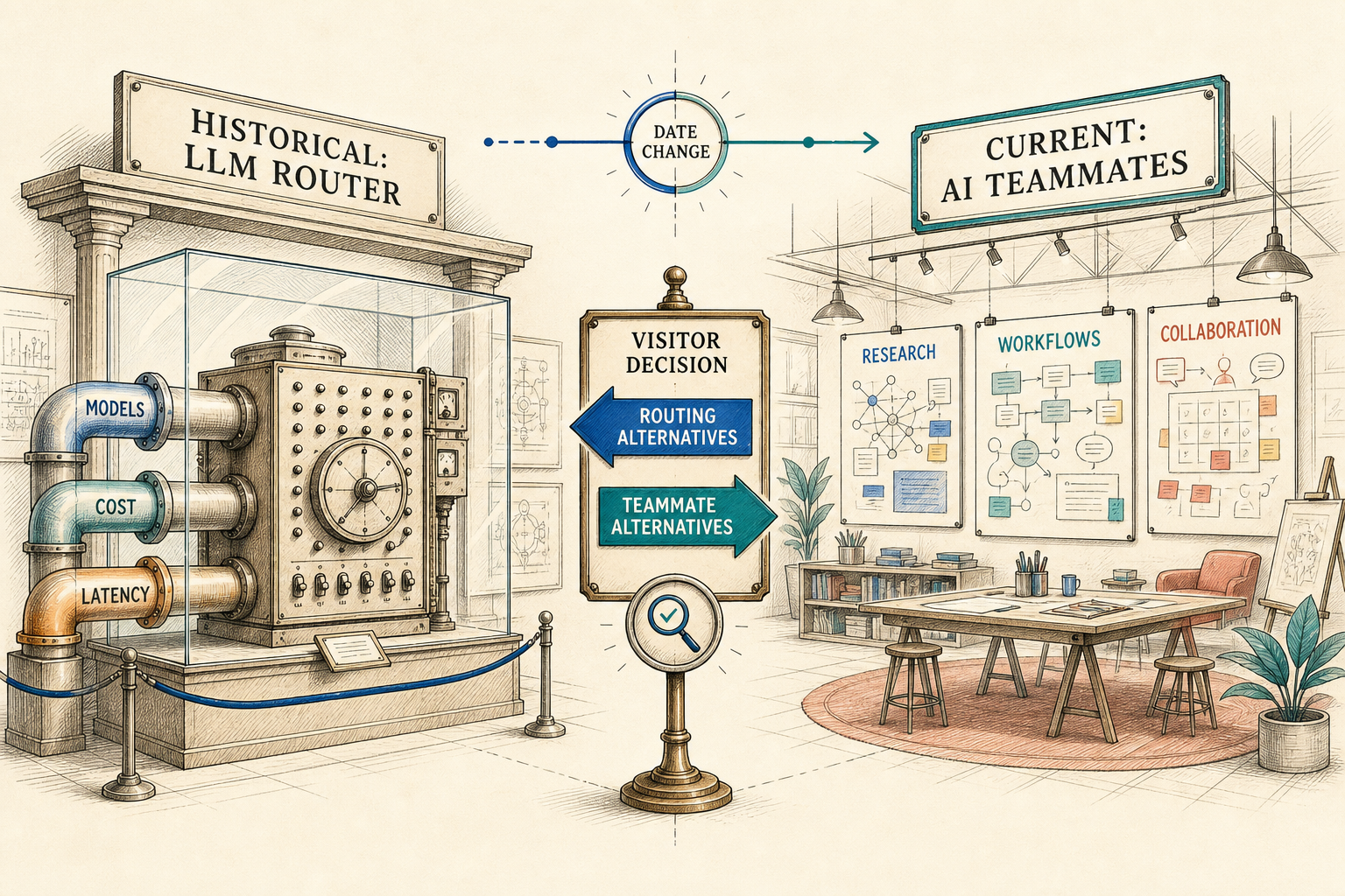Museum timeline distinguishing historical Unify LLM Router alternatives from current AI teammate alternatives