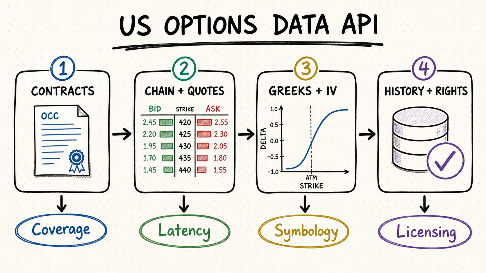 Hand-drawn US options data API map covering contracts, quotes, Greeks, history, and licensing